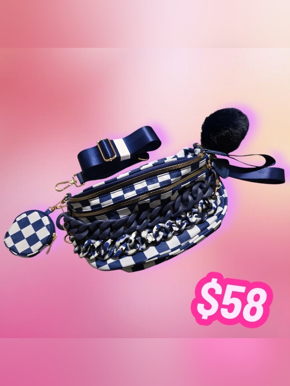 Bum Bag Bundle Deal Navy Checkered Nylon Crossbody + 2 Acrylic Chain & Pom Pom
